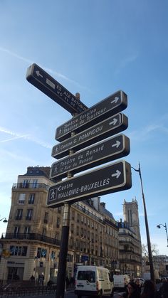 a street sign with several directions on it in the middle of a busy city square