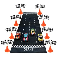 toy cars are lined up on a race track with cones around them that read start