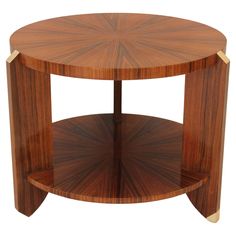 a round wooden table with two shelves on each side and one shelf in the middle