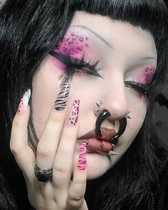 Eye Art Makeup Ideas, G59 Makeup Looks, Yandere Makeup Look, Girly Rockstar Outfit, Advanced Makeup Looks, Scene Makeup Looks 2000s, Cool Alt Makeup, Pink Trad Goth Makeup, Tacky Makeup