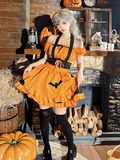 Maid dress set: Dress+Apron+Headwear Material: Polyester Color: Orange black, Orange purple Size: S, M, L, XL, 2XL, 3XL, 4XL, 5XL Unit: CM Bust Length Waist S 84 58 72 M 89 60 77 L 94 62 82 XL 99 64 91 2XL 105 66 96 3XL 110 68 102 4XL 115 70 108 5XL 120 72 114 * 1cm ≈ 0.3937 inchNote: There may be 2-3cm error due to ma Dress Apron, Witch Dress, Maid Dress, All Things Cute, J Fashion, Dress Set, Halloween Witch, Black Orange, Orange And Purple