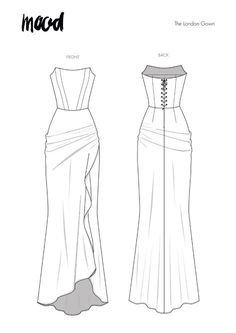 the front and back views of an evening gown, which is cut out to show the shoulders