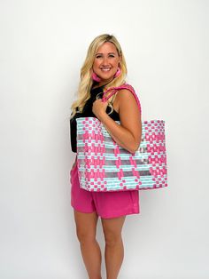 Summer Tote Bag - SLS Wares Trendy Pink Beach Bag For Shopping, Rectangular Pink Bag For Summer, Pink Rectangular Bag For Summer, Pink Woven Beach Bag For Summer, Pink Rectangular Beach Bag For Beach Season, Pink Woven Beach Bag, Trendy Pink Beach Bag For Daily Use, Rectangular Pink Beach Bag For Vacation, Playful Tote Beach Bag For Shopping