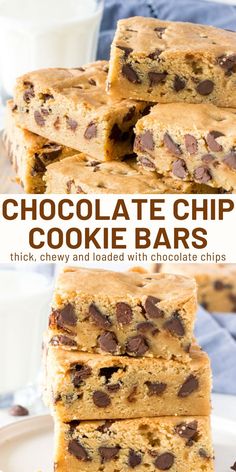 chocolate chip cookie bars stacked on top of each other