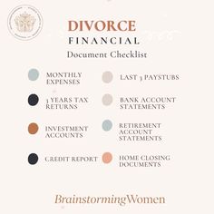 BrainstormingWomen's Checklist Divorce Checklist Printable, Divorce Checklist For Women, Divorce Planner, Divorce Coach, Divorce Finances, Divorce Coaching, Financial Checklist, Separation And Divorce, Divorce Mediation