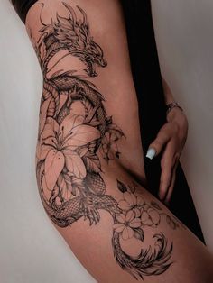 Hip Thigh Tattoos, Dragon Tattoos, Hip Tattoos Women, Red Ink Tattoos, Leg Tattoos Women, Stylist Tattoos, Cute Tattoos For Women, Back Tattoo Women