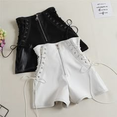 Black PU Tie High Waist Wide Leg Shorts | Uniqistic.com Aesthetic Korean Outfits, Short Cuir, Celana Fashion, Short Blanc, Short Noir, Black Leather Shorts, Wide Leg Shorts, Women Tie, High Waist Shorts