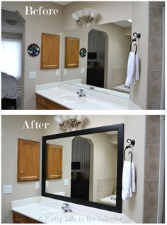 before and after pictures of a bathroom remodel with wood cabinets, white counter tops, and black framed mirror