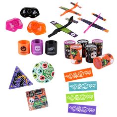 an assortment of halloween themed items on a white background