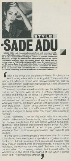 an article in the magazine about sade adu