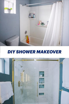 the before and after shots of a bathroom shower