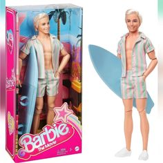 the barbie doll is holding a surfboard next to its box and it's packaging