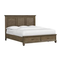 a bed with two drawers on each side and a white sheet in the bottom half