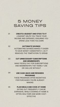 the five money saving tips list is shown in black and white, with text on it