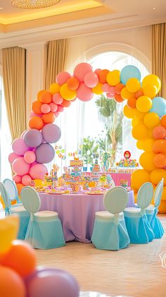 A vibrant birthday party setup featuring colorful balloon archways, fun whimsical table settings, and interactive games, all adorned with cheerful decor, enlightened by festive lighting in a playful atmosphere.