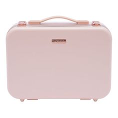 a pink suitcase sitting on top of a white floor