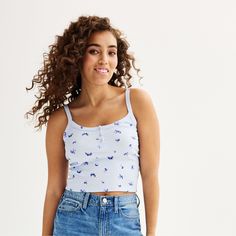 Juniors' SO® Henley Cropped Cami Cropped Cami, Polyester Spandex, Style Me, Long Sleeve Tees, Floral Print