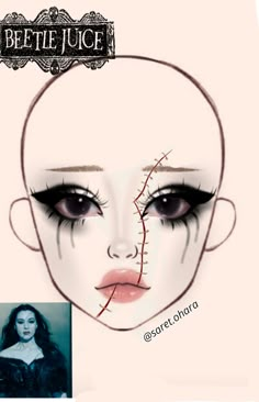 Halloween Goth Makeup Ideas, Stitched Face Makeup, Beetle Juice Makeup Halloween, Horror Glam Makeup, Easy Halloween Face Makeup For Women, Makeup Ideas Drawing Halloween, Scary Eye Makeup, Daily Goth Makeup, Voodoo Doll Makeup Halloween