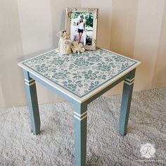 a small table with a photo on it