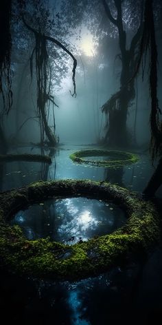 a swampy area with moss growing on the ground and trees in the background at night