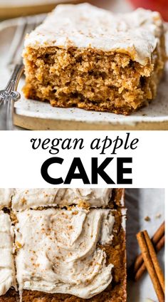 two pictures with the words vegan apple cake on top and an image of carrots