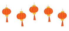 five orange paper lanterns with tassels hanging from the top and one on each side