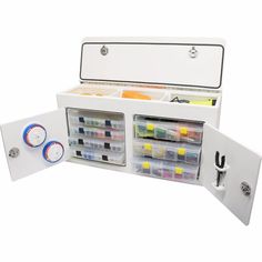 an open white box with drawers and other items in it on a white background that appears to be used as a toolbox