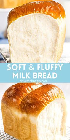 two loaves of soft and fluffy milk bread on a cooling rack with text overlay