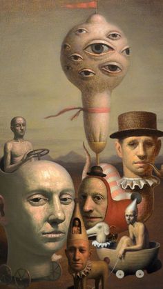 a painting with many different faces and people in the same image, including one man's head