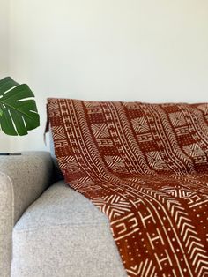 a couch with a blanket on top of it next to a plant in a vase