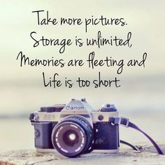 a camera sitting on top of a rock next to the ocean with a caption that reads, take more pictures storage is limited memories are feeling and life is too short