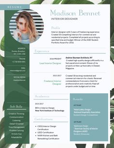 a green and white resume template with an image of a woman's face on it