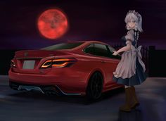 a woman standing next to a red car with the moon in the sky behind her