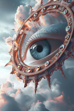 an eye in the sky with clouds and birds around it, as if looking through a mirror