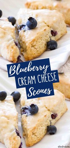 blueberry cream cheese scones on a white plate with text overlay that reads, blueberry cream cheese scones