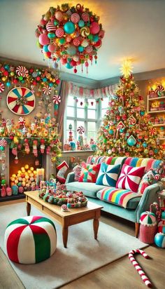 #event planning, #party ideas Christmas Living Room Ideas, Christmas Living Room Decor Ideas, Christmas Living Room Decor, Colorful Ornaments, Kitsch Christmas, Christmas Living Room, Candyland Christmas, Playful Decor, Cozy Seating