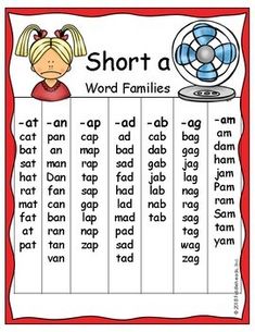 short a worksheet with words and pictures for the word families, including an image of