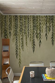 a dining room table with chairs and a wall mural