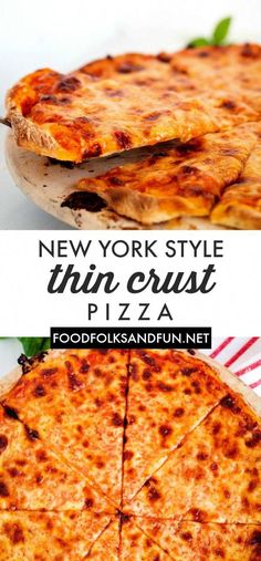 two different types of pizza on plates with the words new york style thin crust pizza