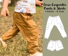 a child's pants and shorts sewing pattern with the words grove carpenter pants and shorts