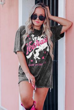 Black Western Yeehaw Graphic Print Short Sleeve T Shirt Mid Length Shorts, Short Sleeve T Shirt, Sleeves (women), Boyfriend Fit, Print Pullover, Casual Fits, Cotton Style, Daily Fashion, Vintage Prints