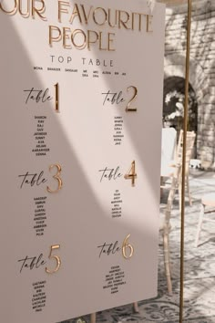 the table numbers for our favorite people are displayed on a white sign with gold lettering