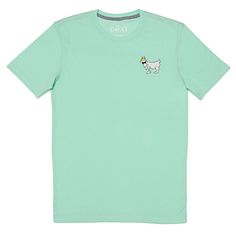 a mint green t - shirt with a white dog embroidered on the chest