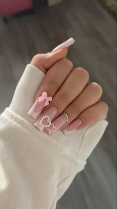 nails, pink nails, nail ideas, coquette nails, cute nails, coquette, cute, pretty, adorable Medium Nails Aesthetic, Simple Cute Acrylics, Pink And White Bow Nails, Bo Peep Nails, Simple Nail Ideas Pink, Nails With Bows On Them, Poses To Show Off Nails, Trending Streetwear, Pastel Nail