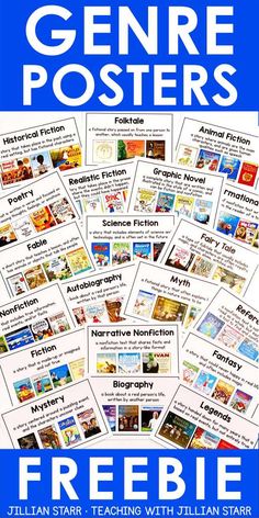 a poster with the words genre posters on it and pictures of children's books