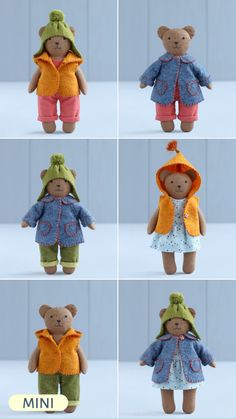 four different pictures of teddy bears wearing clothes