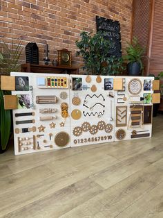 a large display case with many different items on it's sides, including buttons and magnets