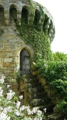 an old stone building with vines growing on it's side and stairs leading up to the door