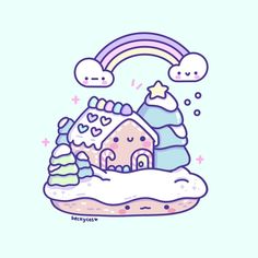 a drawing of a small house with a rainbow in the sky and clouds above it