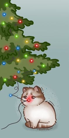 a cat sitting under a christmas tree with lights on it